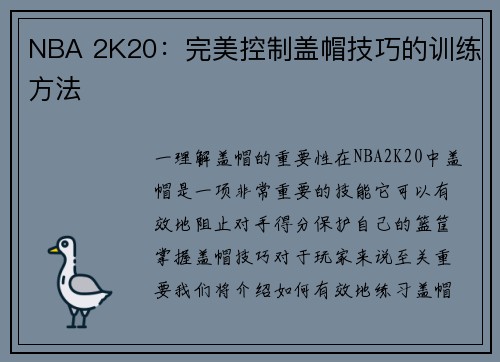 NBA 2K20：完美控制盖帽技巧的训练方法