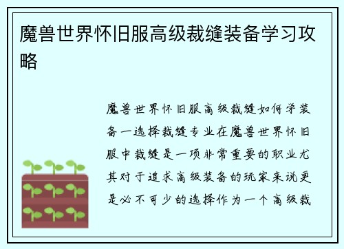 魔兽世界怀旧服高级裁缝装备学习攻略